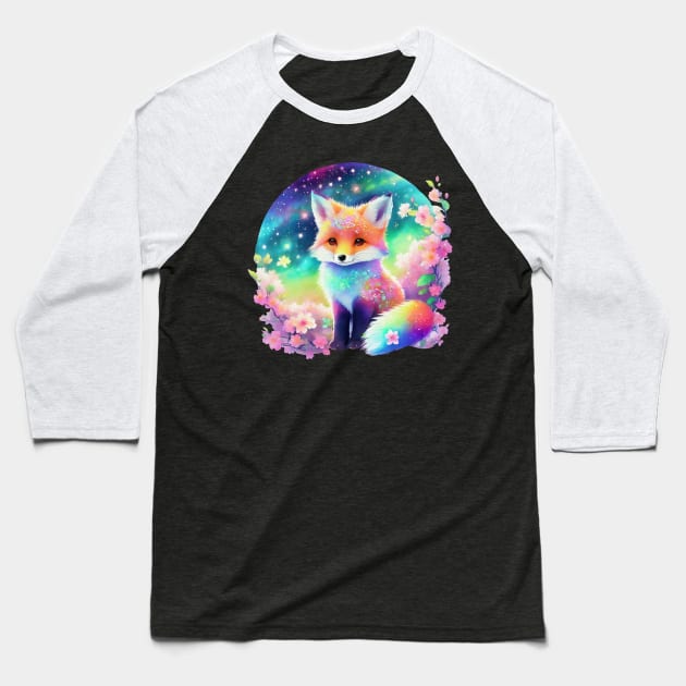 Chibi Vibrant Space Fox With Cherry Blossoms V1 Baseball T-Shirt by CraftyVixen